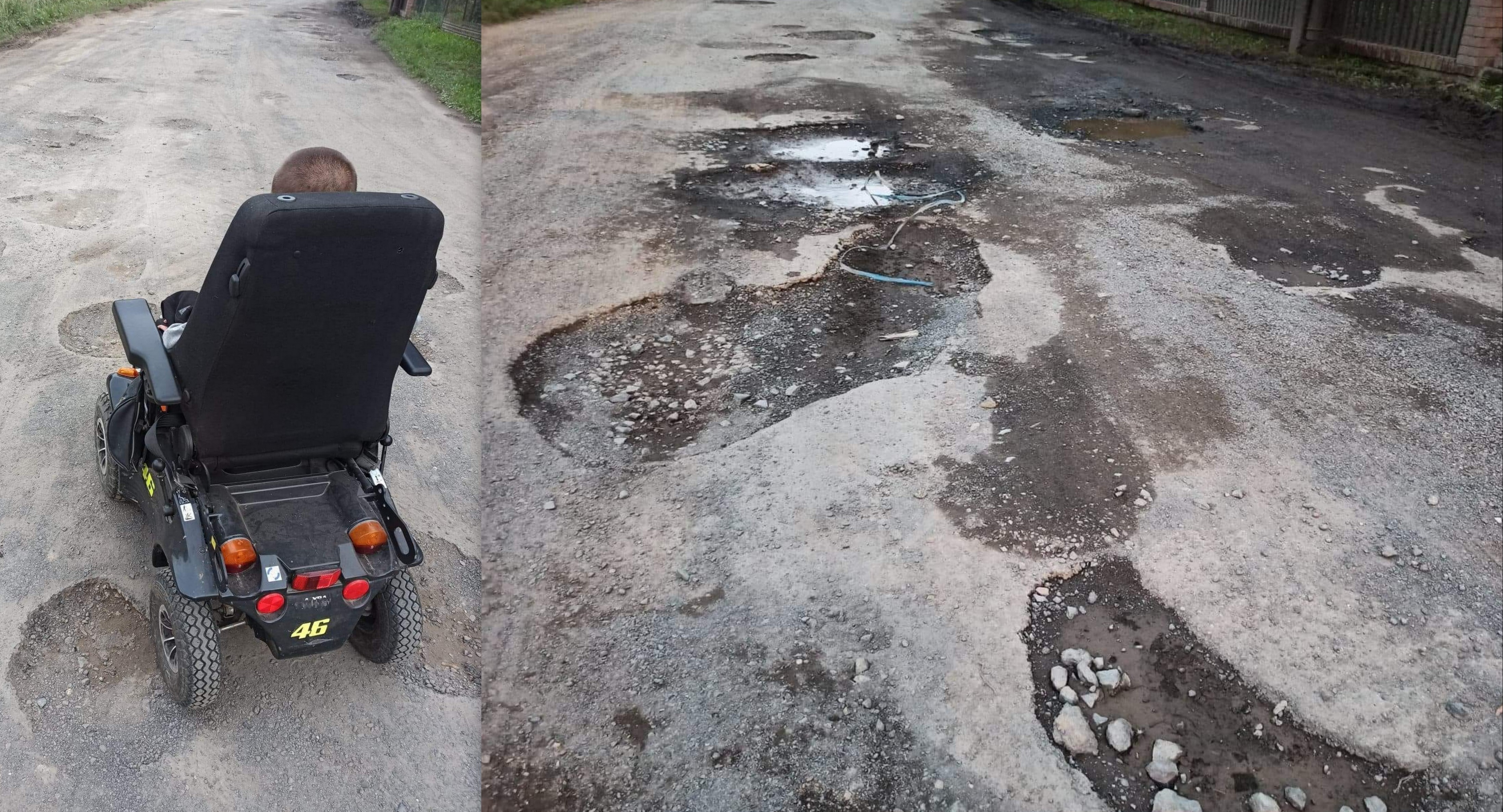 Zdjęcie: Sebastian Kucy na dziurawej ul. Kościelnej w Koskowicach (źródło: Facebook/ Sebastian Kucy)