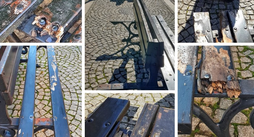 Zdjecie: Sypiące się ze starości ławki w Rynku w Legnicy (fot. Andrzej Trzeciak).