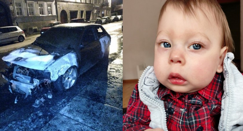 Zdjęcie: Spalone auto Anny Kowalak. Obok Gabryś. Fot. Pomagam.pl