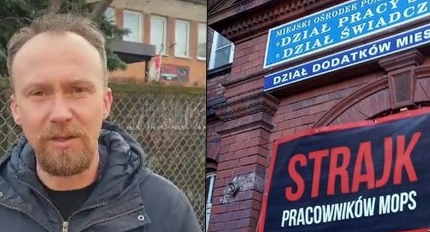 Zdjęcie: Radny Maciej Kupaj i transparent strajkowy na budynku MOPS w Legnicy. Fot. Andrzej Trzeciak.