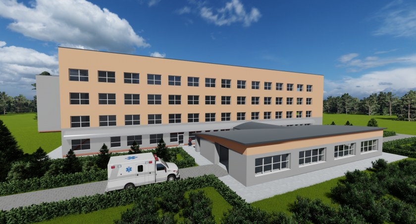Zdjęcie: Wizualizacja pawilonu z dobudowanym podjazdem dla karetek i śluzą umywalkowo-fartuchową. Źródło: Wojewódzki Szpital Specjalistyczny w Legnicy.