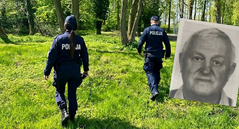 Zdjęcie: Funkcjonariusze oddziałów prewencji prowadzą poszukiwania Zygmunta Pajdy. Po prawej stronie zaginiony Zygmunt Pajda. Fot. policja Legnica