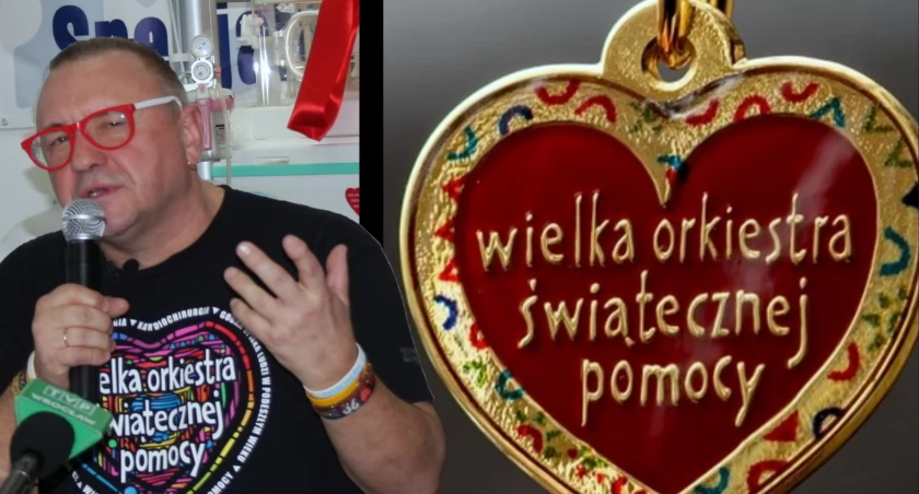 Zdjęcie: Jerzy Owsiak, szef Wielkiej Orkiestry Świątecznej Pomocy i serduszko WOŚP (kolaż). Fot. Piotr Kanikowski/ Fundacja WOŚP