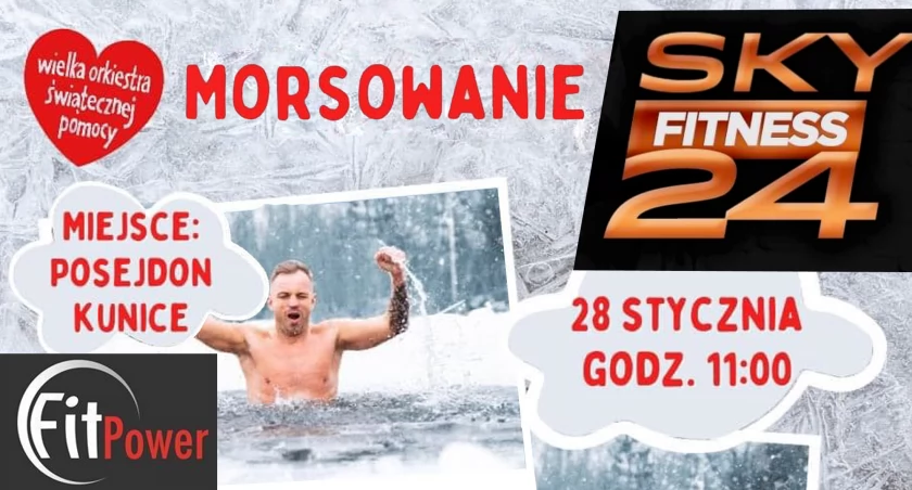 Zdjęcie: mężczyzna w wodzie, logo SkyFitness24 i FitPower Fot.: SkyFitness24 i FitPower