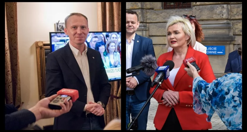 Zdjęcie: Kandydaci na prezydenta Legnicy: Maciej Kupaj (KO) i Joanna Śliwińska-Łokaj (PiS). Fot. Aga Jackiewicz.  