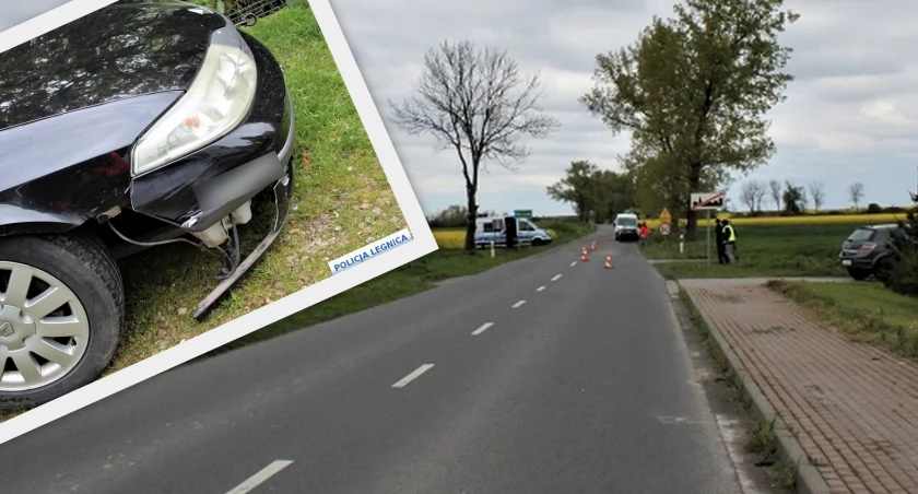 Zdjęcie: Miejsce potrącenia pieszego i uszkodzony samochód sprawcy. Fot. Komenda Miejska Policji w Legnicy