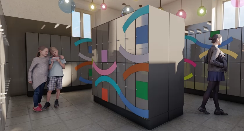 Zdjęcie: Wizualizacja szatni w Centrum Kultury, Nauki i Edukacji Witelona. Ryc. JS Architekci.