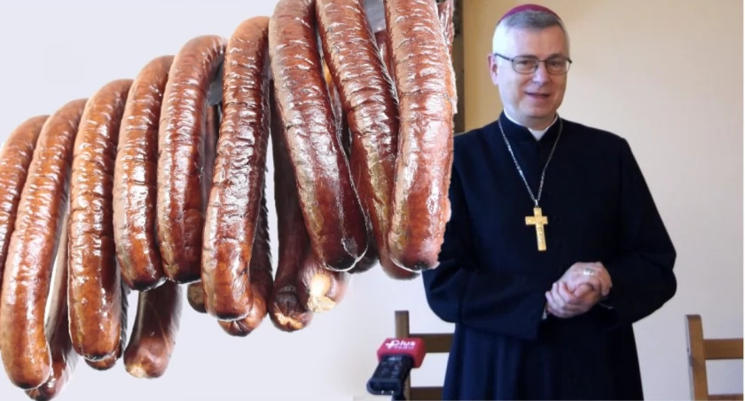 Zdjęcie: Biskup legnicki Andrzej Siemieniewski. Fot. Piotr Kanikowski. Fotomontaż (Kiełbasa - źródło: Pixabay)