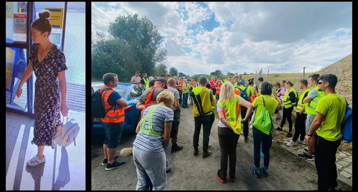 Zdjęcie: Z lewej Izabela Parzyszek w dniu zaginięcia (źródło: Policja Bolesławiec). Z prawej, grupa mieszkańców przeszukuje okolice autostrady (Fot. Facebook.pl/Marek Grabowski)