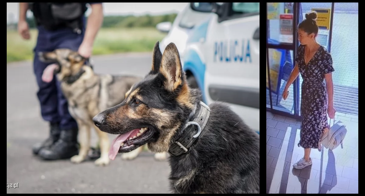 Zdjęcie: Po prawej Izabela Parzyszek w dniu zaginięcia. Po prawej policyjne psy. Fot. Policja.pl