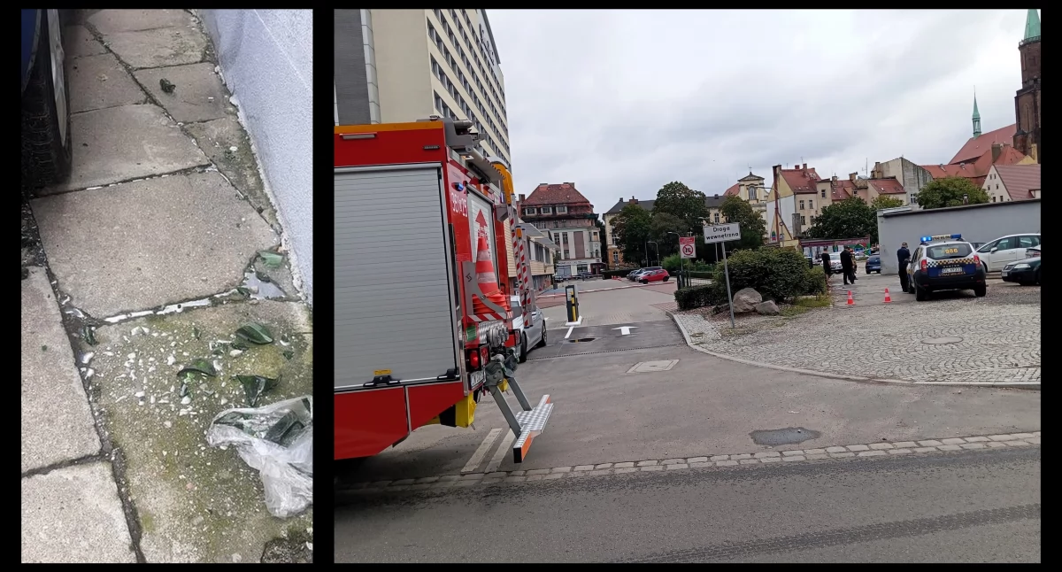 Zdjęcie: Ul. Zamkowa, stłuczona butelka i rtęć. Fot. Straż Miejska w Legnicy
