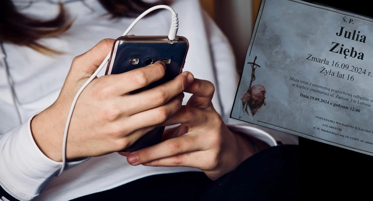 Zdjęcie: Nastolatka z telefonem komórkowym. Fot. Pixabay. Klepsydra zawiadamiająca o pogrzebie Julii. 