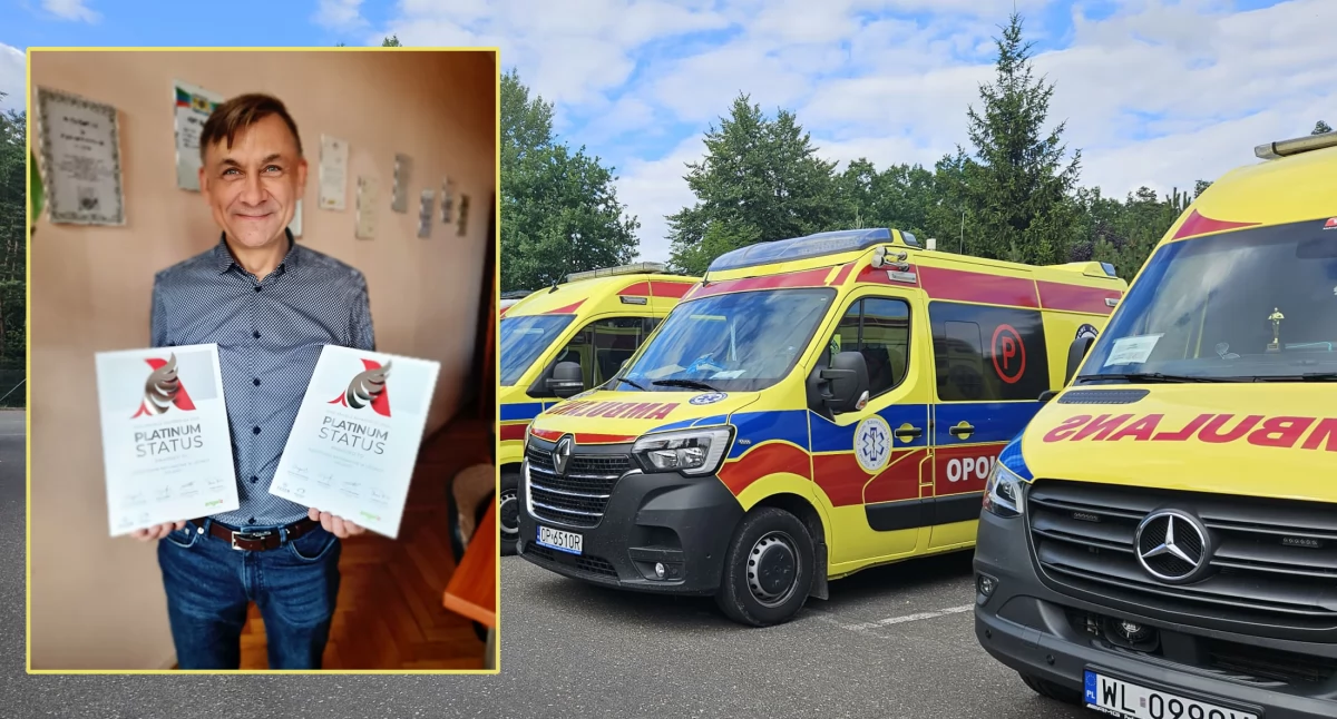 Zdjęcie: certyfikat i ambulansy Fot.: Pogotowie Ratunkowe w Legnicy