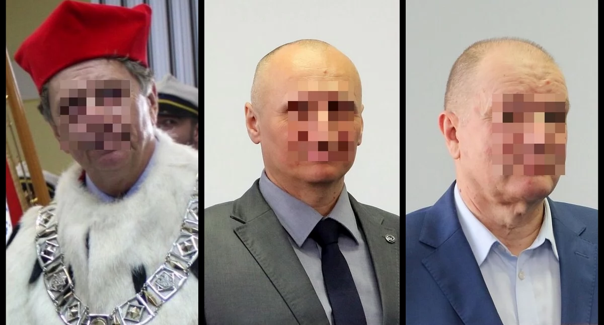 Zdjęcie: Trzej z sześciorga oskarżonych, tj. (od lewej) były rektor PWSZ Ryszard P., były kanclerz PWSZ Robert B., były wicekanclerz PWSZ Jerzy S. Fot. Piotr Kanikowski, Andrzej Trzeciak