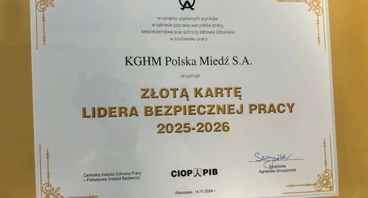 Zdjęcie:  Złota Kartą Lidera Bezpiecznej Pracy Fot.: KGHM