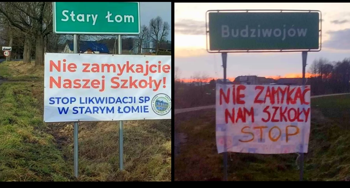 Zdjęcie: Banery informujące o proteście w Starym Łomie i Budziwojowie. Fot. Facebook