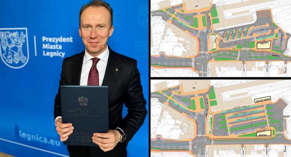 Zdjęcie: Prezydent Legnicy Maciej Kupaj (fot. Urząd Miasta w Legnicy). Po prawej dwie koncepcje multimodalnego centrum przesiadkowego. Źródło: Urząd Miasta w Legnicy