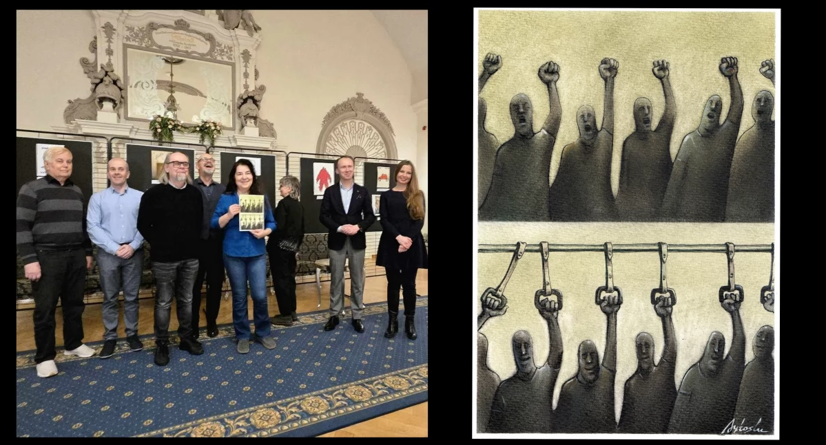 Zdjęcie: Jury Międzynarodowej Wystawy Satyrykon - Legnica 2025 i praca Halita Aytoslu. Fot. Legnickie Centrum Kultry