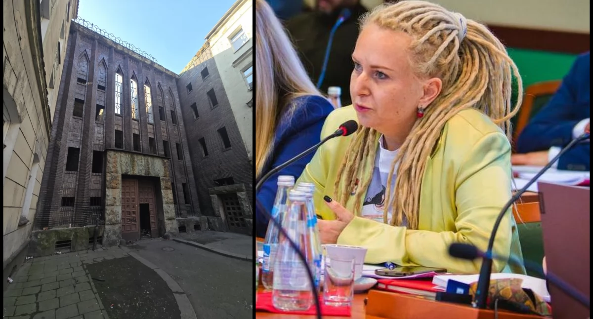 Zdjęcie; z lewej; brama budynku przy ul. Daszyńskiego w Legnicy (fot. Katarzyna Odrowska).Z prawej: Radna Rady Miejskiej Legnicy Katarzyna Odrowska (fot. Aga Jackiewicz).