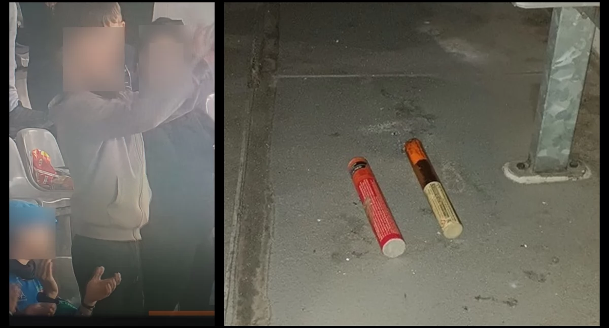 Zdjęcie: Zatrzymana para 34-latków oraz odpalone przez nich race. Fot. Policja Legnica