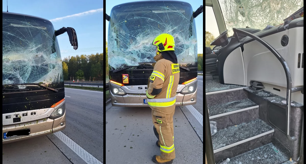 Zdjęcie: Uszkodzony autokar na autostradzie A4. Źródło: OSP Zagrodno