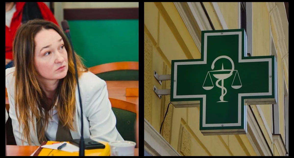 Zdjęcie: Radna Anna Mokhtari (fot. Aga Jackiewicz). Logo apteki (fot. Pixabay)