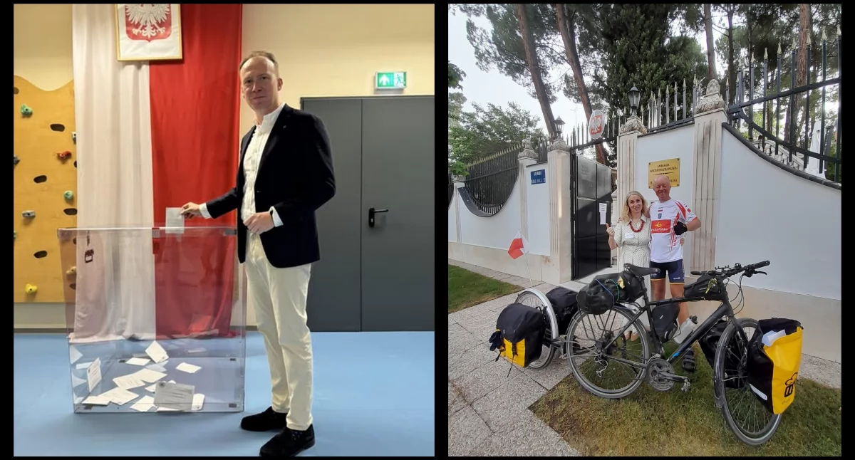 Zdjęcie: Legniczanie głosują w kraju (po prawej prezydent Maciej Kupaj) i za granicą (podróżnik Piotr Ziętal przed ambasadą w Madrycie). Źródło: Facebook/ Maciej Kupaj Prezydent Legnicy, Piotr Ziętal