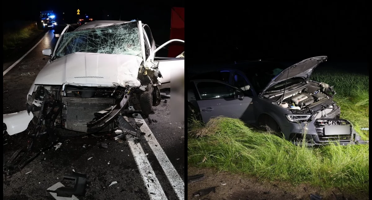 Zdjęcie: Samochody biorące udział w wypadku, po lewej skoda, po prawej audi. Fot. Komenda Miejska Policji w Legnicy