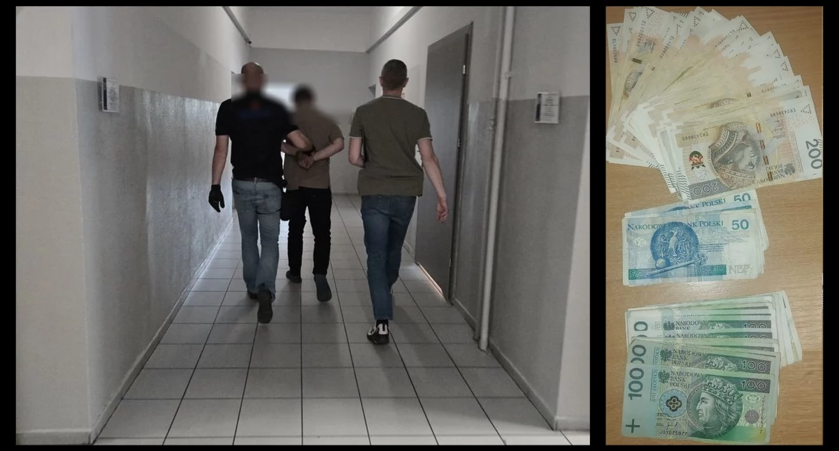 Zdjęcie: Zatrzymany oszust oraz pieniądze przejęte przez policjantów. Fot. Komenda Powiatowa Policji w Lubinie