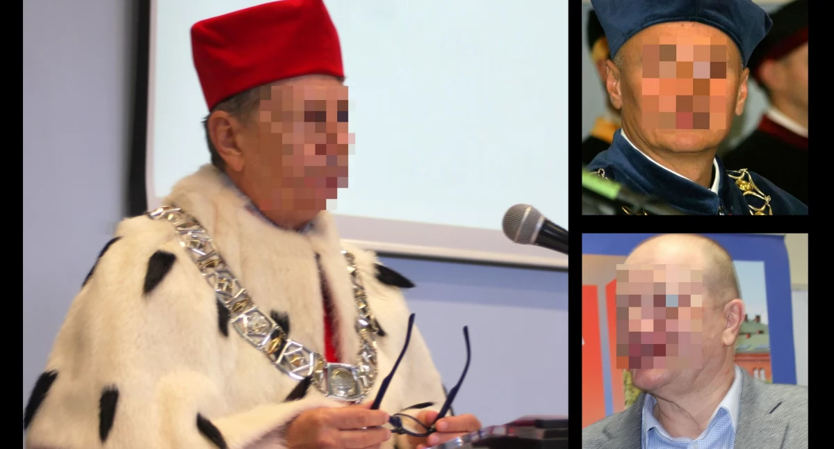 Zdjęcie: Prof. Ryszard P., były rektor Państwowej Wyższej Szkoły Zawodowej w Legnicy oraz jej kanclerze Robert B. i Jerzy S. Fot. Piotr Kanikowski