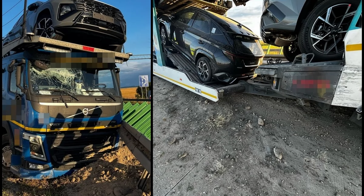 Zdjęcie: Uszkodzona laweta, zniszczone barierki na autostradzie. Fot. policja Legnica
