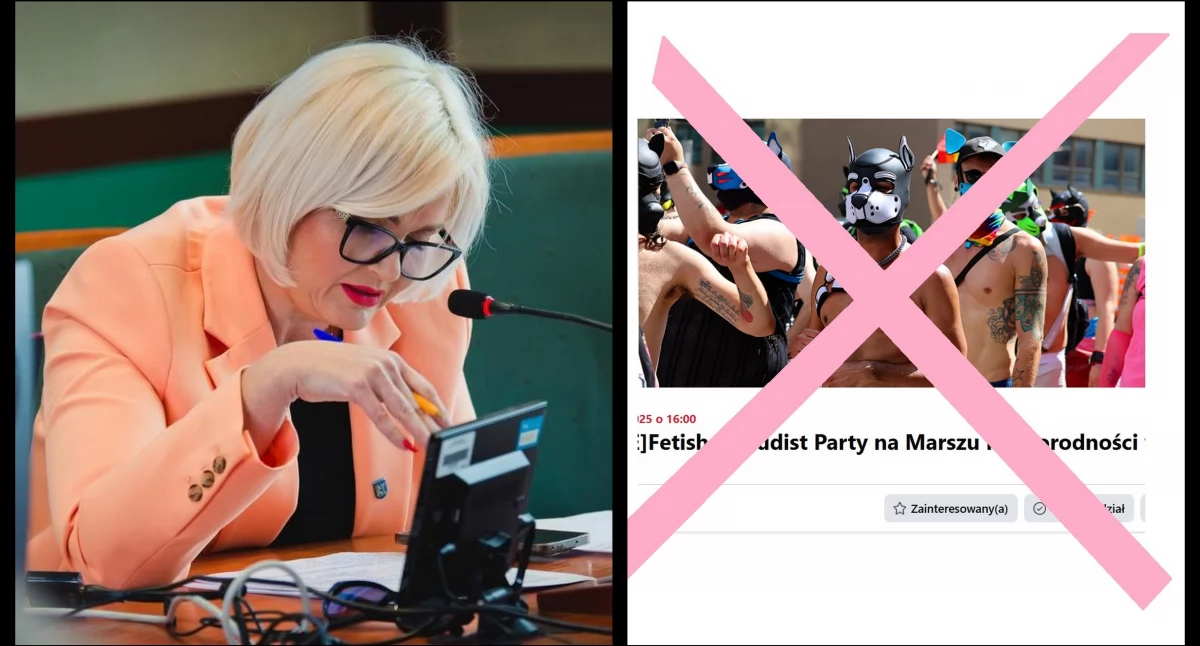 Zdjęcie: Legnicka radna Joanna Śliwińska-Łokaj (fot. Aga Jackiewicz). Przekreślony na różowo screen ze strony odwołanego wydarzenia Fetish & Nudist Party na marszu Różnorodności w Legnicy