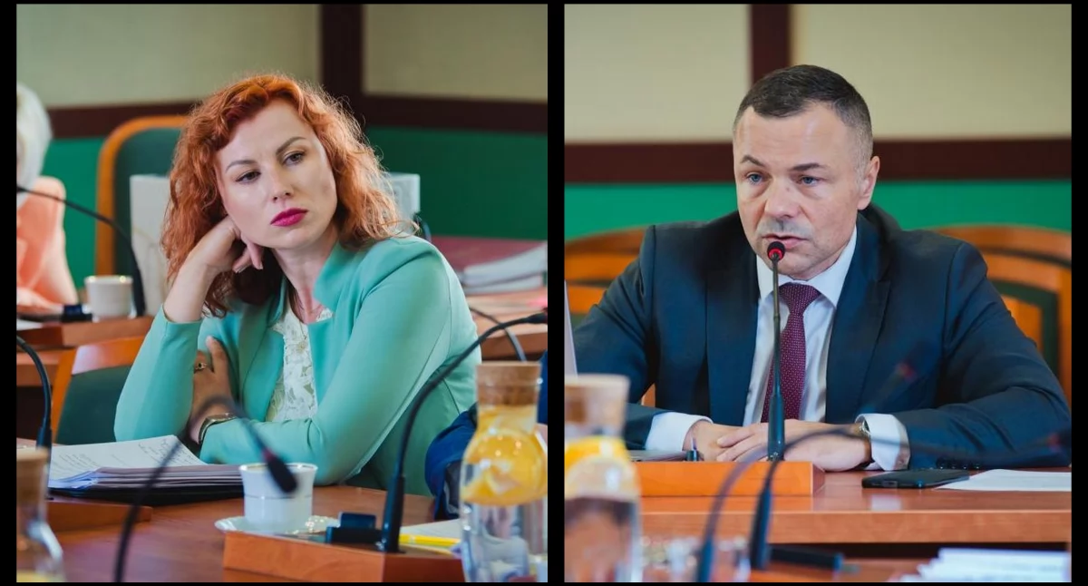 Zdjęcie: Legnicka radna Marta Wisłocka (PiS). Skarbnik miasta Legnicy Kacper Siwek. Fot. Aga Jackiewicz