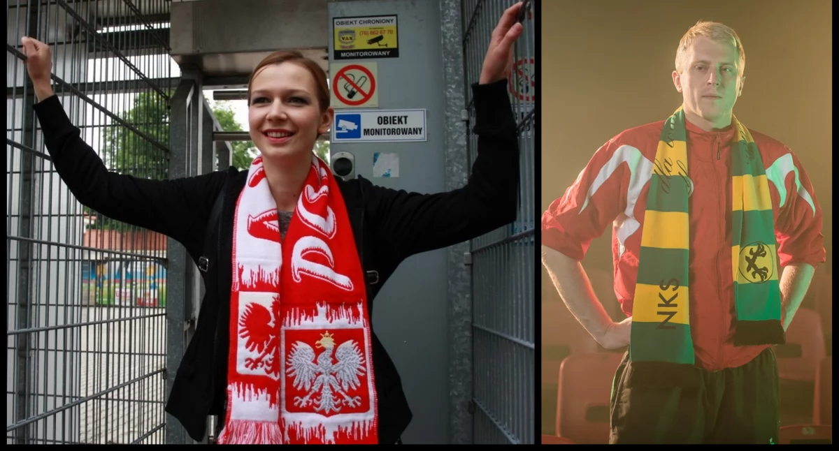Zdjęcie: Magda Drab przed stadionem w Legnicy (fot. Piotr Kanikowski). Fotos z telewizyjnej realizacji 
