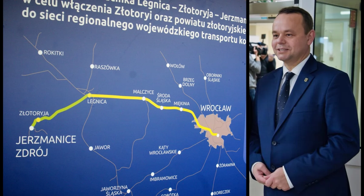 Zdjęcie: Mapa pokazująca rewitalizowaną linię 284 na tle sieci kolejowej Dolnego Śląska (fot. Piotr Kanikowski). Z prawej: Radny sejmiku Dolnego Śląska Piotr Kawrwan (fot. Andrzej Trzeciak).
